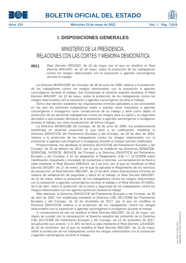 BOE-A-2022-8521 Exposición a agentes cancerígenos